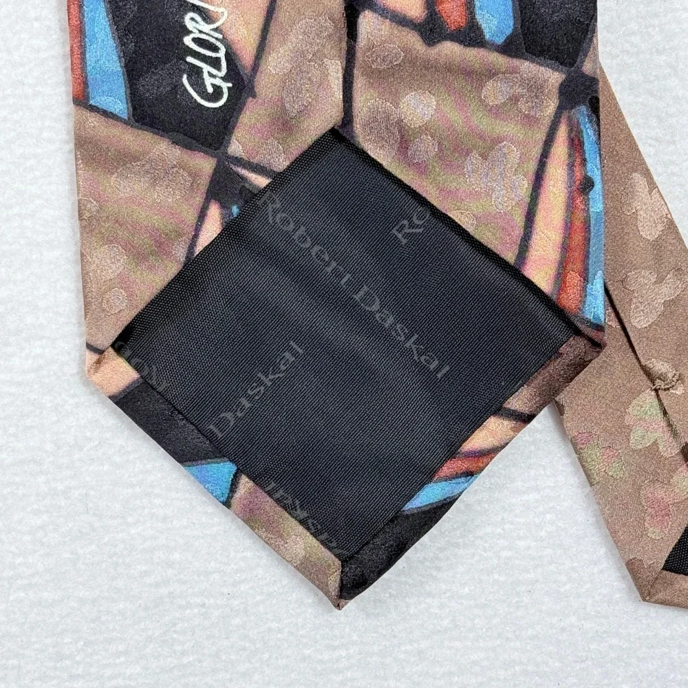 Robert Daskal Necktie Mens OS Brown Handpainted Geometric Silk Gloria Cha Artsy